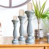 Handmade Wooden Candle Holder with Pillar Base Support; Distressed White; Set of 3