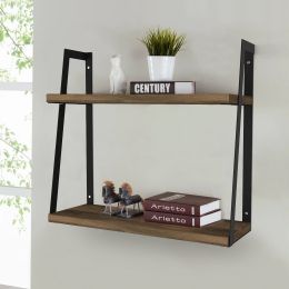 Joel 18 Inch Rectangular 2 Tier Wood Floating Wall Mount Shelf with Metal Frame; Brown and Black; DunaWest