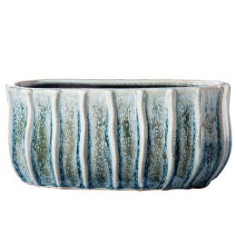 12 Inch Ceramic Vase; Modern; Oval; Wavy Vertical Lines; Sea Ferns; Blue; DunaWest