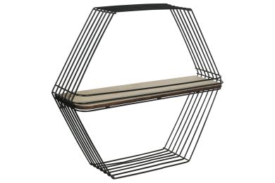 Wooden Wall Shelf and Hangers with Hexagonal Metal Frame; Black and Brown; DunaWest