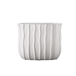 Elle 9 Inch Oval Ceramic Vase with Embossed Vertical Lines; White; DunaWest