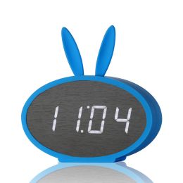 Cartoon Bunny Ears LED Wooden Digital Alarm Clock Voice Control Thermometer Display Blue