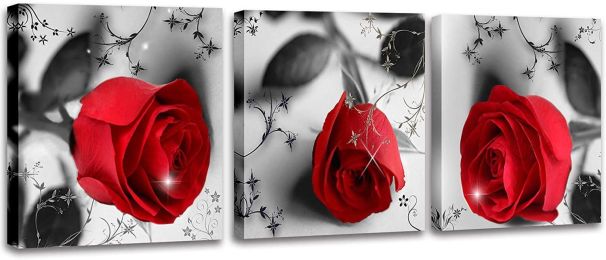 Rose Flower on Black White Canvas For Home Wall Art Decor, 3 Panels Modern Romantic Floral Framed Bedroom Decoration