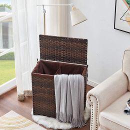 Divided Laundry Hamper, Synthetic Rattan Handwoven Clothes Laundry Basket with Lid and Handles, Foldable, Removable Liner Bag, Brown