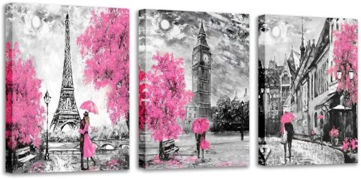 Black and White Wall Art Pink Paris Theme Canvas Art Eiffel Tower Wall Paintings London Big Ben Pictures for Bedroom Living Room Wall Decor