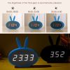 Cartoon Bunny Ears LED Wooden Digital Alarm Clock Voice Control Thermometer Display Blue