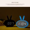 Cartoon Bunny Ears LED Wooden Digital Alarm Clock Voice Control Thermometer Display Blue