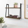 Joel 18 Inch Rectangular 2 Tier Wood Floating Wall Mount Shelf with Metal Frame; Brown and Black; DunaWest