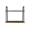 Joel 18 Inch Rectangular 2 Tier Wood Floating Wall Mount Shelf with Metal Frame; Brown and Black; DunaWest