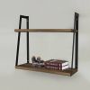 Joel 18 Inch Rectangular 2 Tier Wood Floating Wall Mount Shelf with Metal Frame; Brown and Black; DunaWest