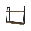 Joel 18 Inch Rectangular 2 Tier Wood Floating Wall Mount Shelf with Metal Frame; Brown and Black; DunaWest