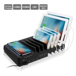 SIIG 10-Port USB-A/C &amp; Wireless Charging Station With Ambient Light Deck