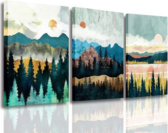 Abstract Wall Art Forest Mountain Watercolor Wall Paintings Landscape Modern Canvas Prints Bathroom Bedroom Office Wall Decor 3 Piece (size: 12inchx16inchx3pieces)